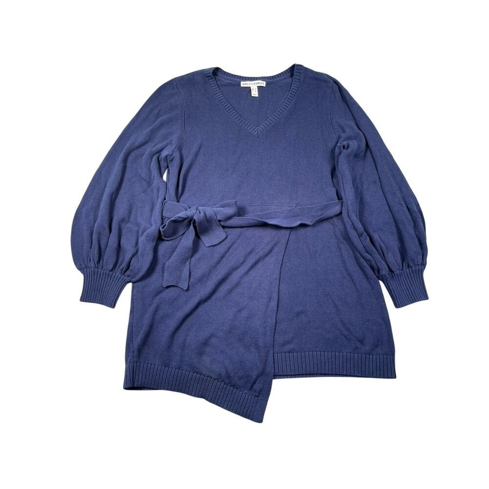 Girl With Curves‎ Sweater Womens Large Navy Cotton Rayon Knit Faux Wrap Sash Tie